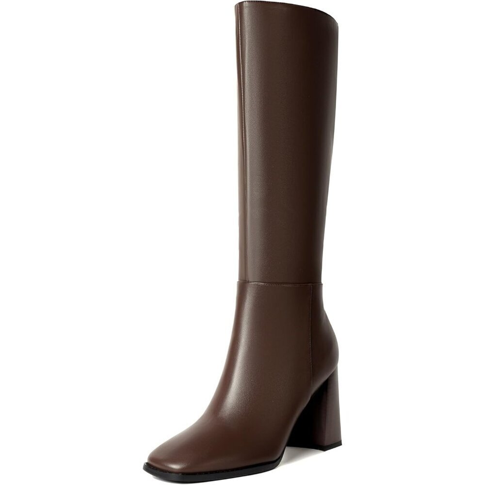Women's Brown Leather Square Toe Chunky Block Heel Side Zipper Dress Boots